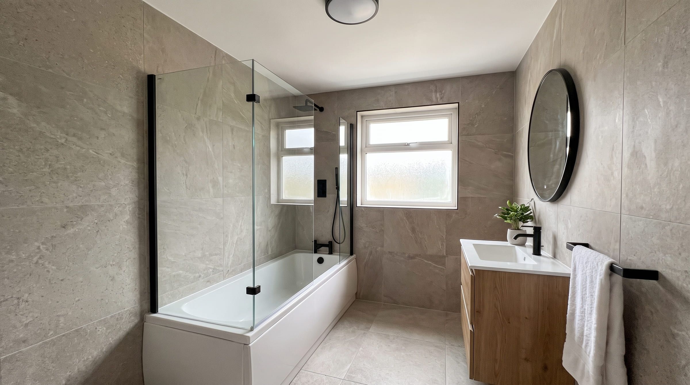 The same bathroom redesigned in a Contemporary style, with its windows, walls and camera angle unchanged