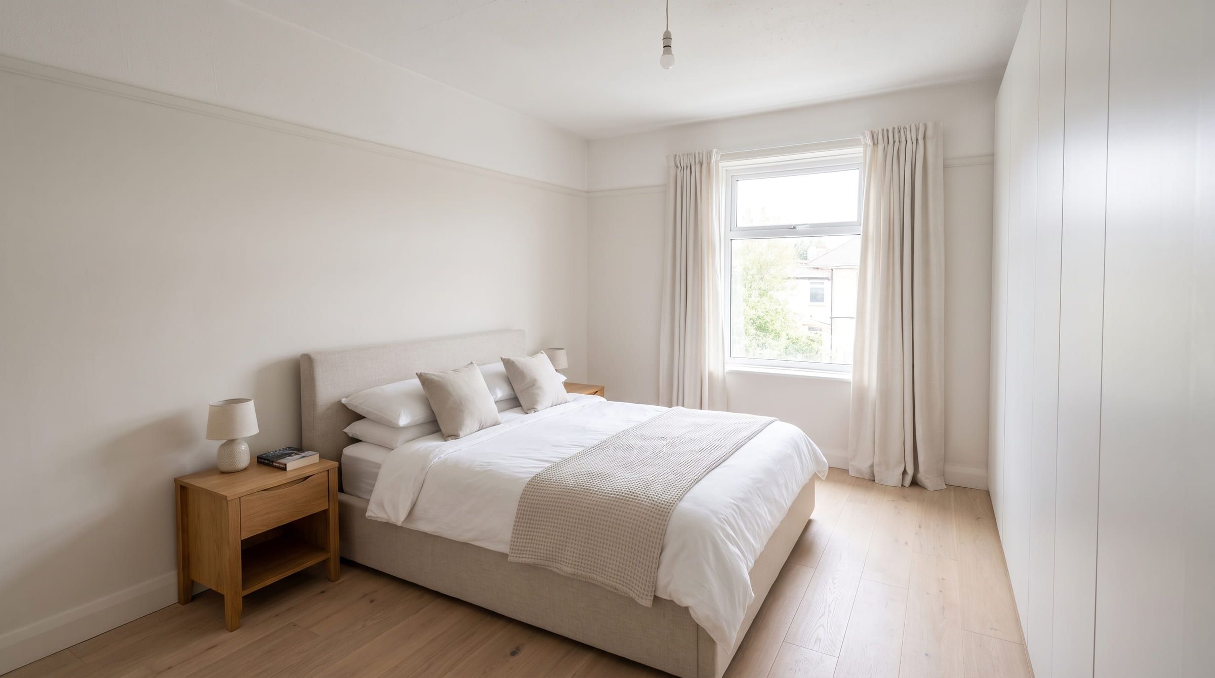 The same bedroom redesigned in a Minimalist style, with its windows, walls and camera angle unchanged